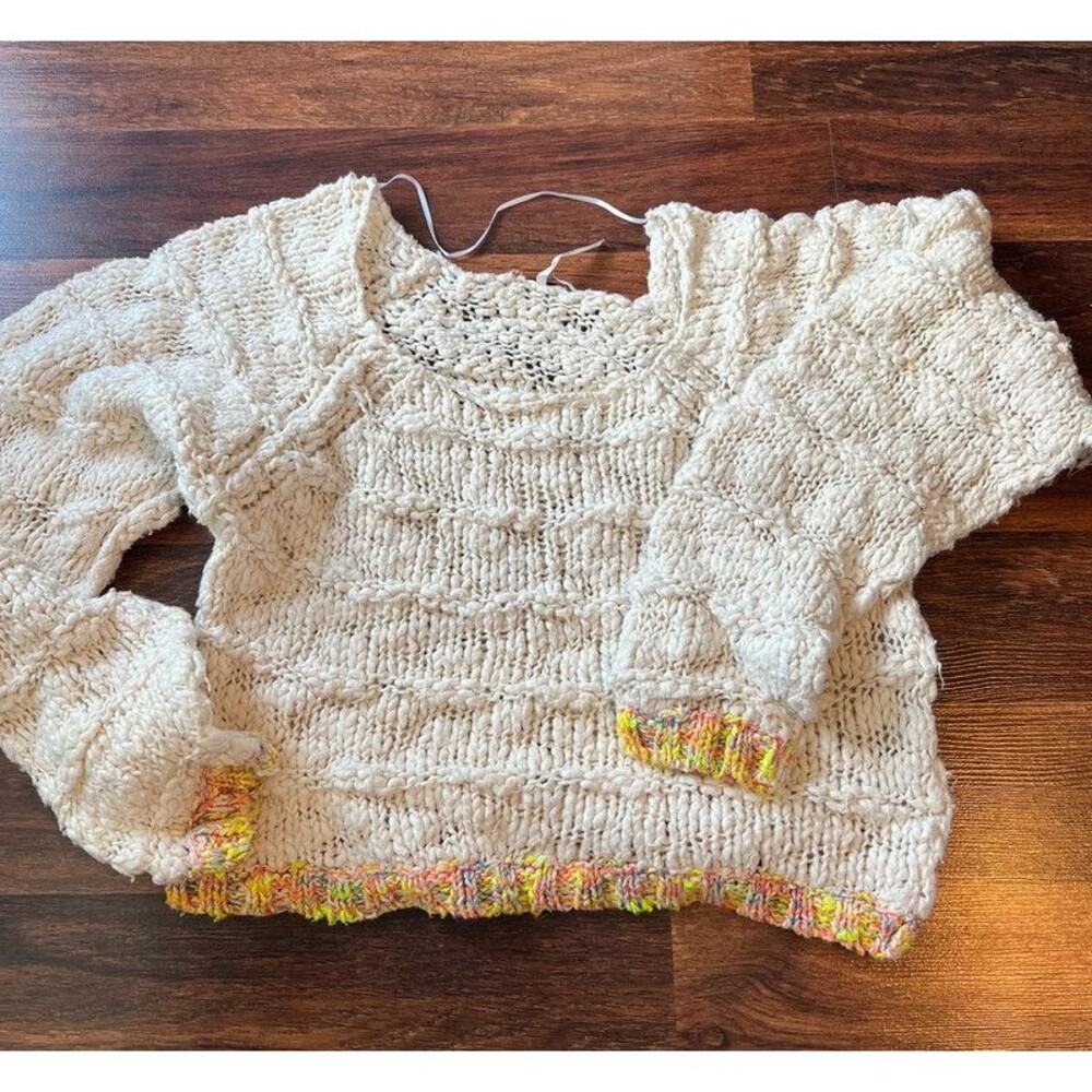 Free People Cream Chunky Knit Sweater with Neon Trim